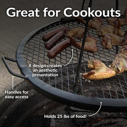 Sunnydaze X-Marks Outdoor Fire Pit Grill Grate for Cooking - Round Fire Pit Grate - Steel Campfire BBQ Grill with Handles - 22-Inch
