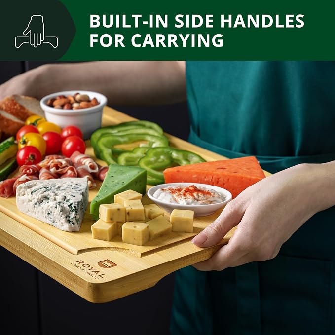 ROYAL CRAFT WOOD Bamboo Cutting Board with Juice Groove - Kitchen Chopping Board for Meat Cheese and Vegetables, Heavy Duty Serving Tray