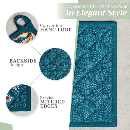 Maison d' Hermine 100% Cotton Oven Mitt & Pot Holder Set (7.5"x13" & 8"x8") Heat Resistant Cooking Gloves with Loop for Thanksgiving Christmas Decorations Handling Hot Pans (Luxury Loft - Dark Teal)