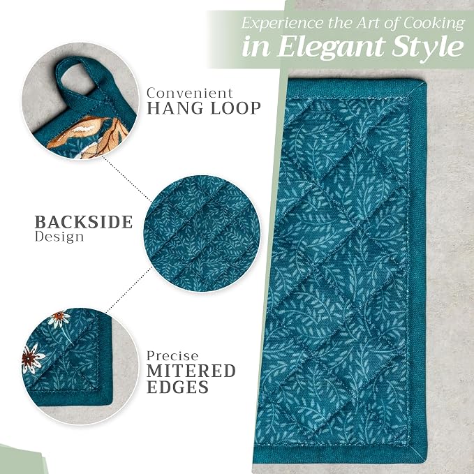 Maison d' Hermine Pot Holders 100% Cotton Potholders (8" x 8", Pack of 1) | Heat Resistant Hot Pads with Loop BBQ Cooking Kitchen Handling Hot Pans Thanksgiving Christmas - Luxury Loft - Dark Teal