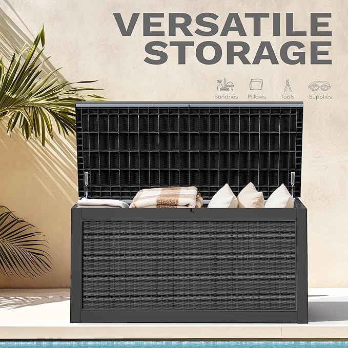 DWVO 320 Gallon Resin Outdoor Storage Box, XXL Large Waterproof Deck Box, Doubles as Table or Seating with 1000 lbs Capacity, Lockable (Black)