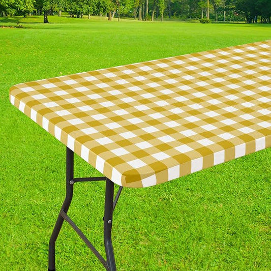 Smiry Rectangle Picnic Table Cloth, Elastic Waterproof Fitted Vinyl Tablecloths, Flannel Backed Buffalo Plaid Table Covers for Dining, Camping, Outdoor (Gold and White, 30" x 72")