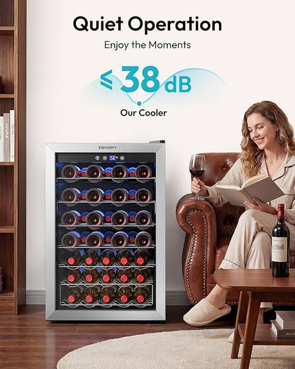 EUHOMY 45 Bottle Wine Cooler Refrigerator, Wine Fridge with Stainless Steel Glass Door for Red, White and Champagne, Mini Fridge with Adjust Temperature for Home Kitchen Bar 4.5 Cu.Ft, Silver