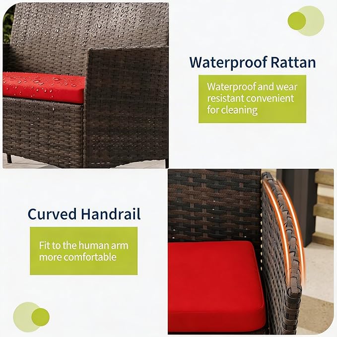 4-Piece Outdoor Furniture Set, PE Rattan Wicker Chairs with Soft Cushions & Tempered Glass Coffee Table - All-Weather Patio Set for Garden, Backyard, Porch, Poolside (Brown/Red)