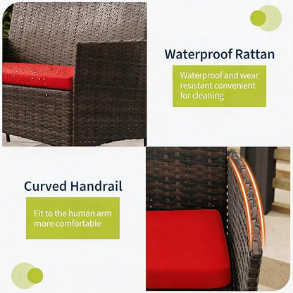 4-Piece Outdoor Furniture Set, PE Rattan Wicker Chairs with Soft Cushions & Tempered Glass Coffee Table - All-Weather Patio Set for Garden, Backyard, Porch, Poolside (Brown/Red)
