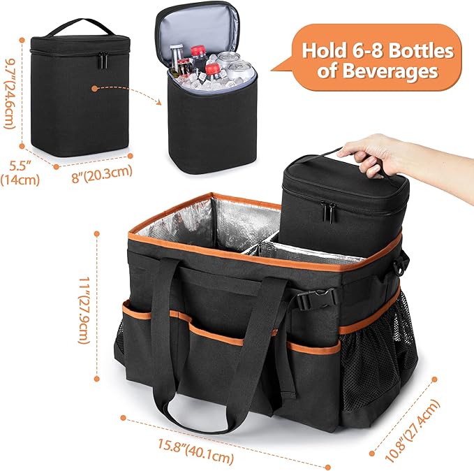 HODRANT Large Grill Utensil Caddy with Detachable Cooler, Collapsible Picnic Organizer with Paper Towel Holder for Griddle Accessories, Tailgating Accessory Basket for Outdoor Cooking Supplies, Black