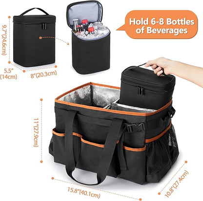 HODRANT Large Grill Utensil Caddy with Detachable Cooler, Collapsible Picnic Organizer with Paper Towel Holder for Griddle Accessories, Tailgating Accessory Basket for Outdoor Cooking Supplies, Black