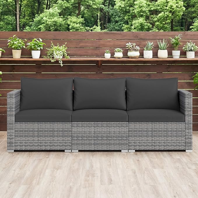 Tangkula 3 Seat Outdoor Wicker Sofa Set, Modular PE Rattan Patio Cushioned Sectional Couch Set, Outside Furniture Set for Deck, Backyard, Porch, Garden & Poolside (Black)