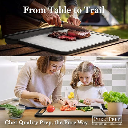 PURE-PREP Titanium Cutting Board - Double-Sided Design with Titanium Cutting Board and Wheat Straw PP for Kitchen Use - Chopping Board with Collapsible Catch, Grater, Knife Sharpener - Large 16”x11”