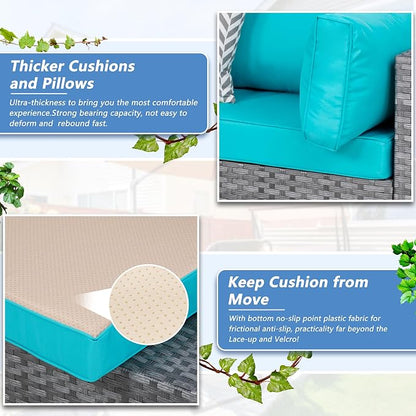 7 Piece Outdoor Patio Furniture Set, Silver Rattan Wicker Sectional Sofa, All Weather Conversation Set with Washable Cushions & Glass Coffee Table for Backyard Poolside Garden Porch,Blue