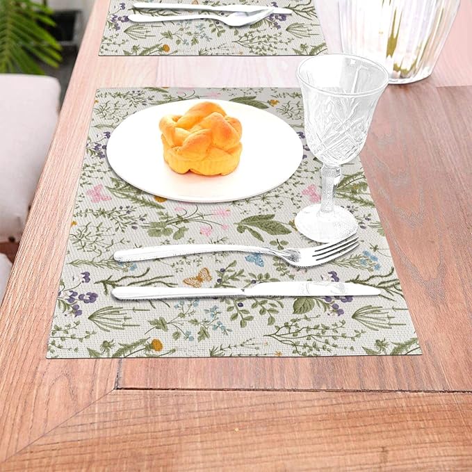 Vintage Wildflowers Placemats Set of 4 Herbs Plants Dining Table Mat | Washable Cute Botanic Spring Summer Sage Green Place Mats for Kitchen Dinner Parties Decor12"x18"