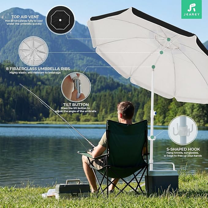 JEAREY 6.5ft Sun Shade Umbrellas, Portable Umbrella with Stand, Lightweight Sun Protection Free Standing Sport Umbrella for Outdoor Sports, Camping, Fishing, Patio, Beach, Black