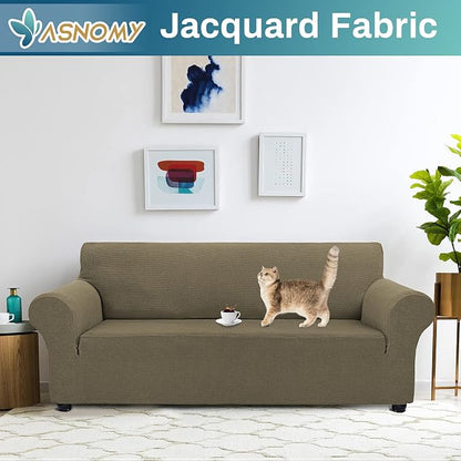 Asnomy Stretch Couch Covers for 3 Cushion Couch, Khaki | 1-Piece Sofa Covers(78"-94") 3-Seater Furniture Protector Soft Jacquard,Non-Slip Elastic Bottom For Dogs & Kids