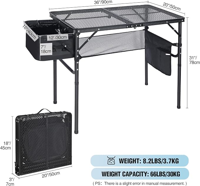 Portable Grill Table with Sink for Outside, Aluminum Frame Folding Grill Stand Table for Outdoor Camping Picnic BBQ, Lightweight Adjustable Height, 36 x 20 x 31 Inches, Black