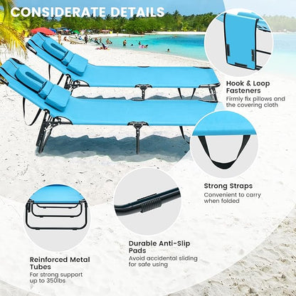 GYMAX Tanning Chair, 330lbs Beach Lounge Chair with Face Hole, Detachable Washable Pillow & Carry Strap, Adjustable Folding Chaise Lounge, Layout Chair for Outside, Patio, Poolside, Lawn (1, Arctic)