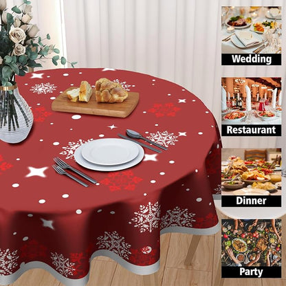 Sweetshow Xmas Table Cloth Round Winter Red White Snowflake Stars Tablecloth 60 Inch Decor Washable Stain and Wrinkle Resistant Round Table Cover for Dining Picnic