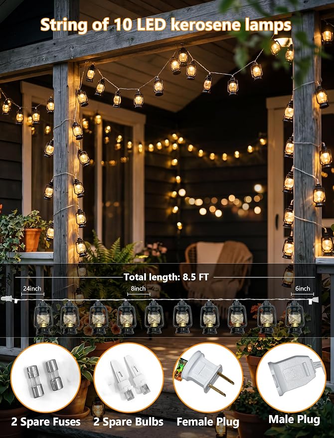 Vintage Kerosene Lantern String Lights 8.5FT, 10 LED Black Oil Lamp Camping | IP44 Waterproof & End-to-end Connectable, Plug-in LED for RV Awning, Tent, Patio, Porch, Bedroom, Camping and Holiday Decor