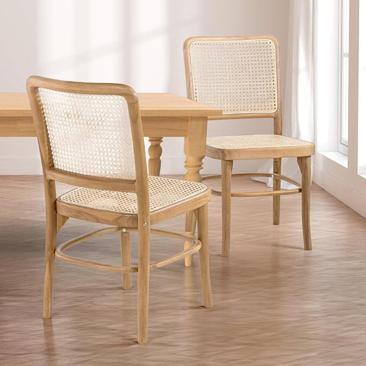 JONATHAN Y Colmar Mid-Century Natural Teak Rattan Dining Chairs Set of 2 | For Kitchen And Home Office, Woven Cane Back, Armless Side Seating, Indonesian Wood, Vintage Bohemian Style