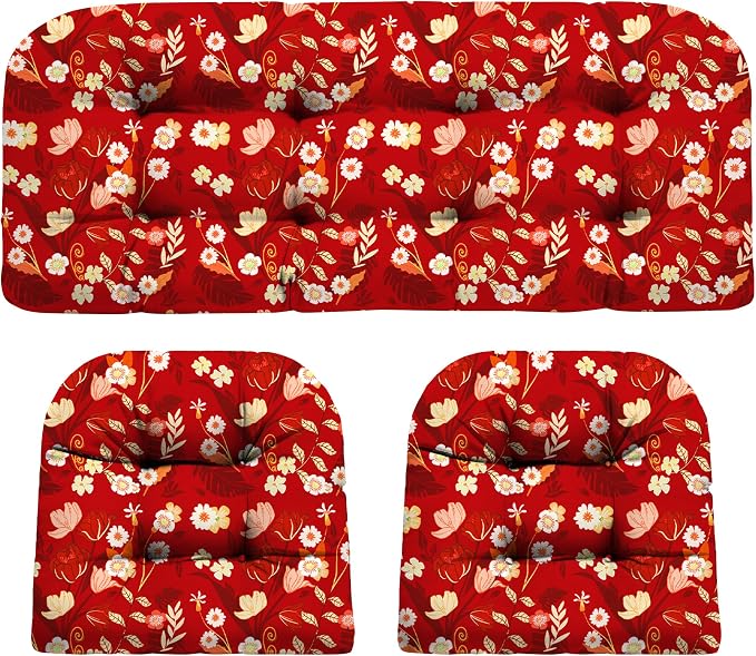 DANGHOOGY Wicker Chair Cushions, Waterproof Outdoor Loveseat Cushions for Patio Furniture, Tufted Wicker Furniture Cushions, 1 Loveseat and 2 U-Shaped Cushions (Black Floral)