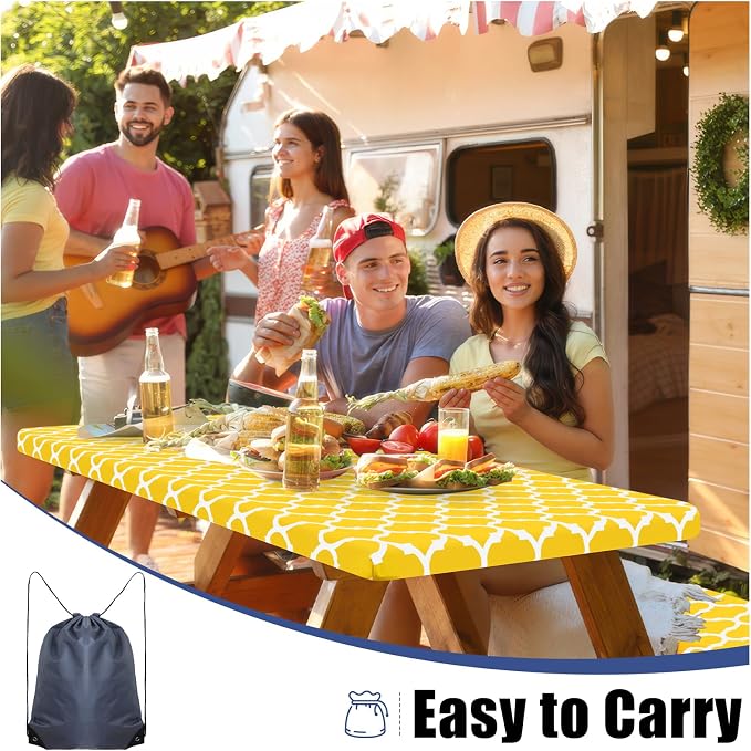 Smiry Picnic Table Cover with Bench Covers, Waterproof Elastic Fitted Tablecloth for 5 Foot Tables, Washable Polyester Tablecloths for Camping, Indoor & Outdoor (Yellow, 30x60 Inch 3-pc Set)