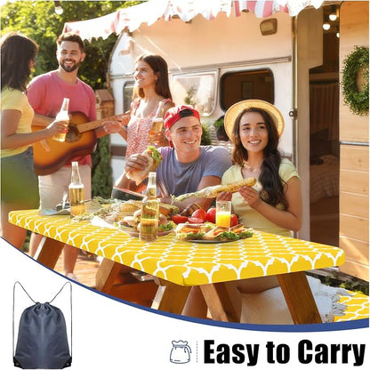 Smiry Picnic Table Cover with Bench Covers, Waterproof Elastic Fitted Tablecloth for 5 Foot Tables, Washable Polyester Tablecloths for Camping, Indoor & Outdoor (Yellow, 30x60 Inch 3-pc Set)