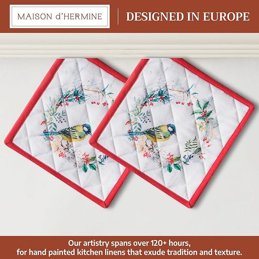 Maison d' Hermine Pot Holders Set 100% Cotton Heat Resistant Potholders 8" x 8" Hot Pads with Loop for Thanksgiving Christmas Decorations BBQ Cooking Baking Handling Hot Pans (Pack of 2, Morzine)