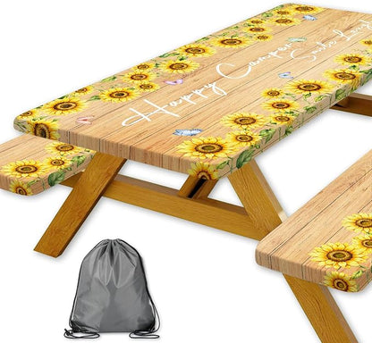 Sunflower Wood Picnic Table Cover with Bench Covers Elastic Edges | Floral Fitted Table Cover, 30x60 Inch 3PCS Outdoor Patio Camping Essentials, Waterproof Camping Fitted Tablecloth and Bag