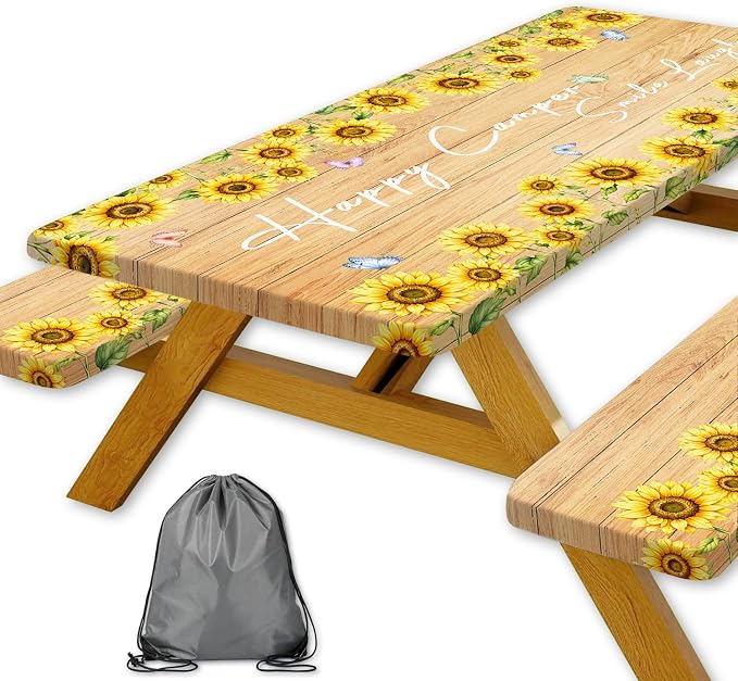 Sunflower Wood Picnic Table Cover with Bench Covers Elastic Edges | Floral Fitted Table Cover, 30x96 Inch 3PCS Outdoor Patio Camping Essentials, Waterproof Camping Fitted Tablecloth and Bag