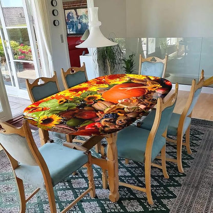 Thanksgiving Oval Fitted Tablecloths, Pumpkins with Sunflowers Pattern Print Elastic Edged Table Cover, Windproof Cloths for Indoor Outdoor Dining Decor, Fits to 54x76 in Table, Orange