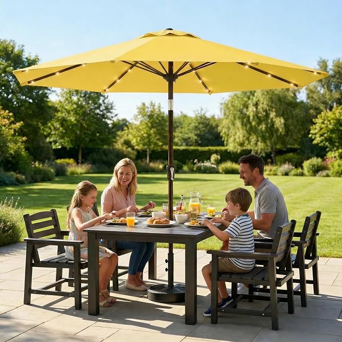 11FT Solar Lighted Patio Umbrella, Outdoor Table Market Umbrellas with Crank Lift, 32 LED Lights, 8 Sturdy Ribs, UV-Resistant for Deck, Garden, Pool