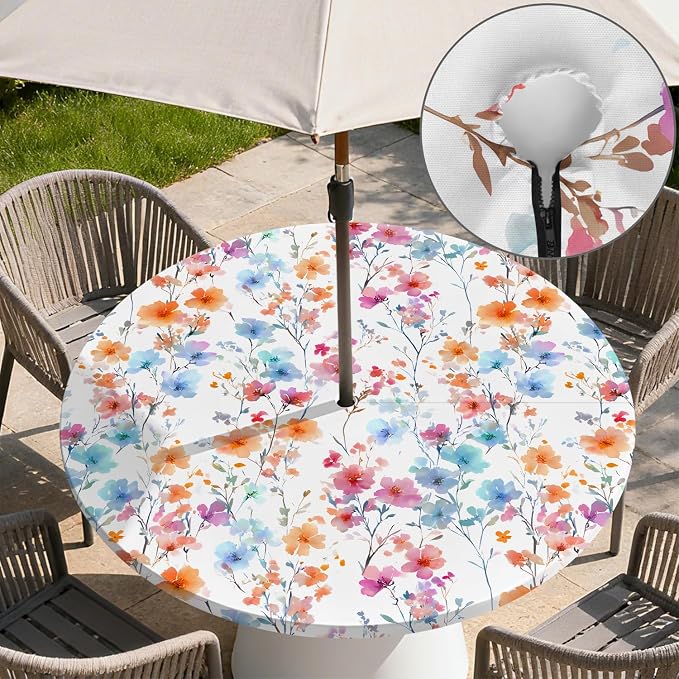 Outdoor Tablecloth with Umbrella Hole and Zipper Fits 45-48" Tables | Waterproof Round Fitted Tablecloth with Elastic Edge, Wipeable Outdoor Table Cover for Patio, Garden, Picnic