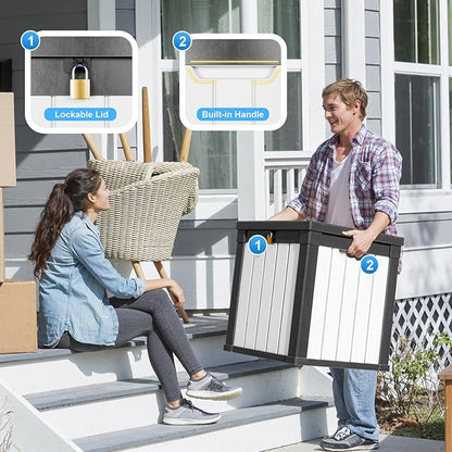 50 Gallon Outdoor Deck Box, Lockable Waterproof Outdoor Storage Boxes For Garden Tools,Indoor Cushions,Accessories Outside Storage Resin Weatherproof Container(Black&White)