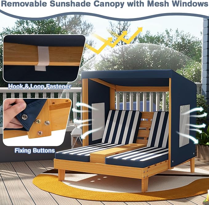 Kids Lounge Chair Outdoor, 2-Seat Toddler Patio Chair with Cushions, Cup Holders, Detachable Canopy, Wooden Double Chaise Lounge for Lawn, Pool, Garden, and Yard (Navy)
