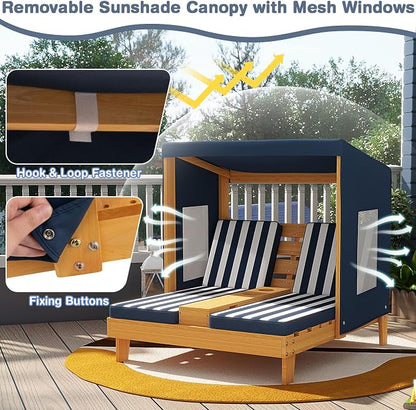 Kids Lounge Chair Outdoor, 2-Seat Toddler Patio Chair with Cushions, Cup Holders, Detachable Canopy, Wooden Double Chaise Lounge for Lawn, Pool, Garden, and Yard (Navy)