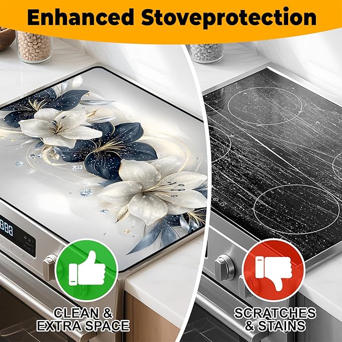 Stove Top Cover Retro Flower Gas Stove Top Cover for Home Decoration Kitchen Pad Non-Stick Washable Cooktop Covers Countertop Protector Keep Stove Clean 28"x20" (Flower)