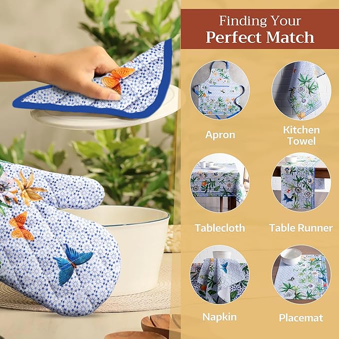 Maison d'Hermine Oven Gloves 100% Cotton Oven Mitt 7" x 13" with Loop Heat Resistant BBQ Cooking Gloves Baking Grilling Kitchen Hotel Home Farmhouse Spring Summer (Pack of 1, Passiflora)