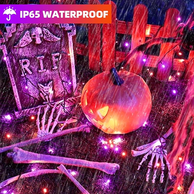 Halloween Lights, 105FT 300 LED Halloween String Lights | With Spooky Music Twinkle Waterproof Purple Orange Light Plug in for Indoor Outdoor Tree Party Yard Room Decor