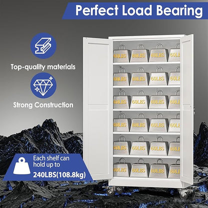 73.6" Metal Garage Storage Cabinet with Wheels and Locking Doors and Tall Rolling Steel Tool Cabinet with 5 Adjustable Shelves for Garage,Home,Office,Shop (White, 73.6''H x 35.4''W x17.7''D)