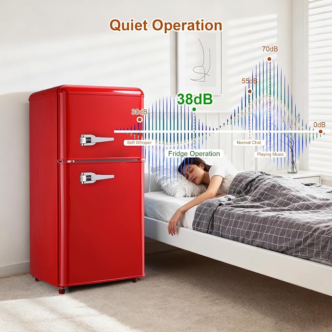 Retro Mini Fridge with Freezer 3.5 Cu. Ft, Small Refrigerator with 7 Level Adjustable Thermostat, Compact Classic Dual Door Fridge Removable Glass Shelves for Apartments, Dorm, Office, Red