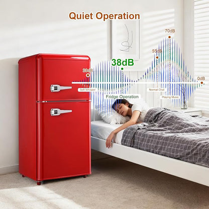 Retro Mini Fridge with Freezer 3.5 Cu. Ft, Small Refrigerator with 7 Level Adjustable Thermostat, Compact Classic Dual Door Fridge Removable Glass Shelves for Apartments, Dorm, Office, Red