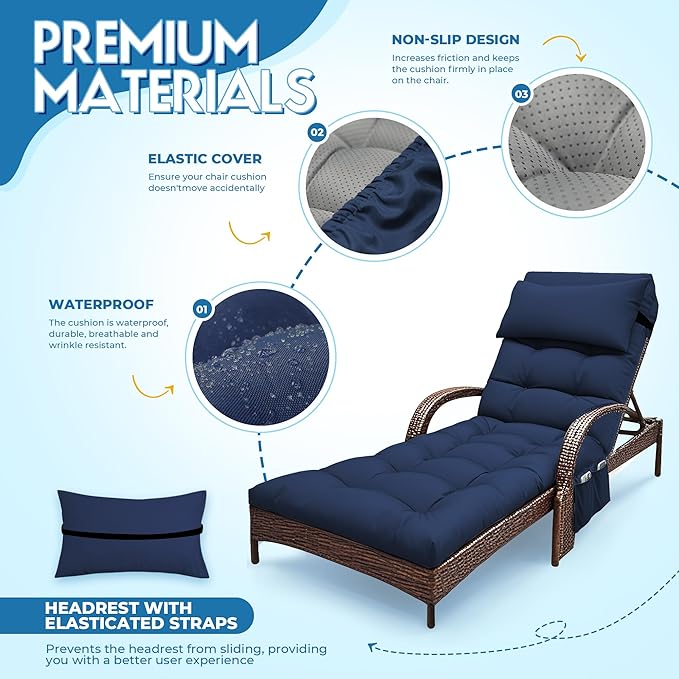 Outdoor Chaise Lounge Chair Cushion, Waterproof Outdoor Chair Cushions for Patio Furniture, 71 x 21 x 4 Inches Replacement Chaise Lounge Cushion with Ties (Blue)
