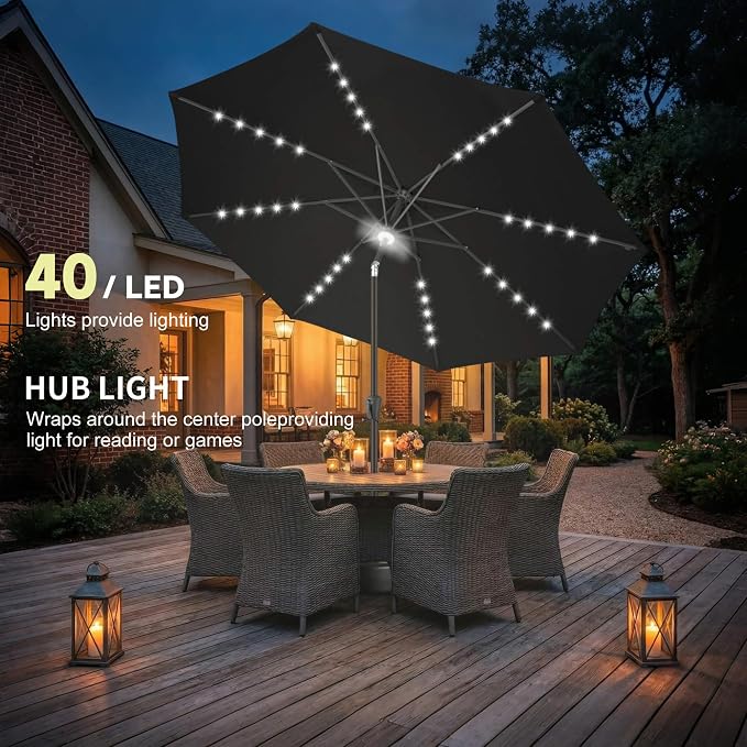 Solar Patio Umbrella with Centre Light, 10 ft Black | 40 LED Lights, UV Protection, Solar Outdoor Umbrella for Porch, Deck, Pool, Table, Garden, Provides Evening Lighting