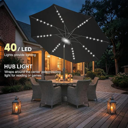 Solar Patio Umbrella with Centre Light, 10 ft Black | 40 LED Lights, UV Protection, Solar Outdoor Umbrella for Porch, Deck, Pool, Table, Garden, Provides Evening Lighting