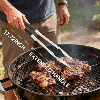 Extra Long BBQ Tongs 17 Inch, Heavy Duty Stainless Steel Grill Tongs with Silicone Grip & Locking Closure Cooking Tongs for Outdoor Grilling Kitchen Hot Grilled Food Dishwasher Safe