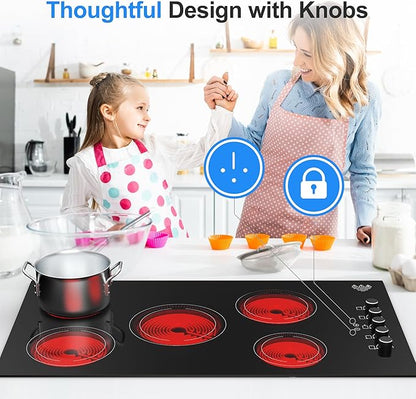 VBGK Electric Cooktop 36 inch,Built-in 36 inch Electric Cooktop 8000W Power Control by Knob, 36 induction cooktop with 9 Power Levels with Child Safety Lock, Timer,Over-Temperature 220V-240V.