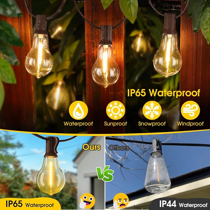 Larkvue 100FT LED Outdoor String Lights, 32 Shatterproof A39 Bulbs, Brown | Plug-in, Waterproof, Linkable, Warm White, Dimmable, for Balcony Backyard Bistro Pergola, Dimmer not Included