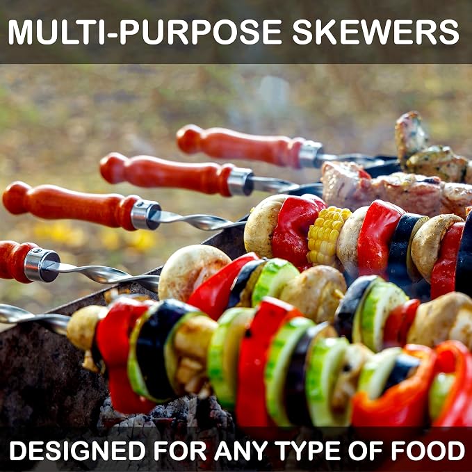 Premium BBQ Skewers with Wooden Handles 23.6" Shish Kabob Skewers Stainless Steel Long & Reusable Kabob Sticks Barbecue Skewers for Grilling Set of 6 Piece (6, 23.6 Inches)
