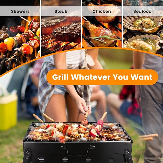Portable Charcoal Grill, 17.7x11x10in Folding BBQ Grill Lightweight Compact Tabletop Mini Smoker Desktop Charcoal Grill for Camping, Picnics, Garden & Beach Parties, Black