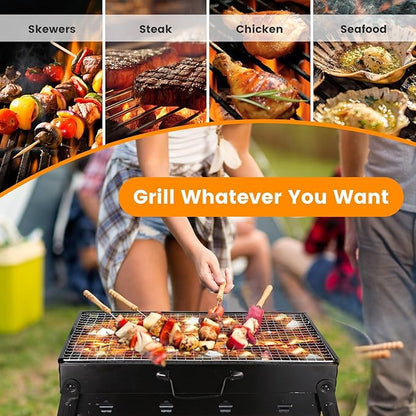 Portable Charcoal Grill, 17.7x11x10in Folding BBQ Grill Lightweight Compact Tabletop Mini Smoker Desktop Charcoal Grill for Camping, Picnics, Garden & Beach Parties, Black