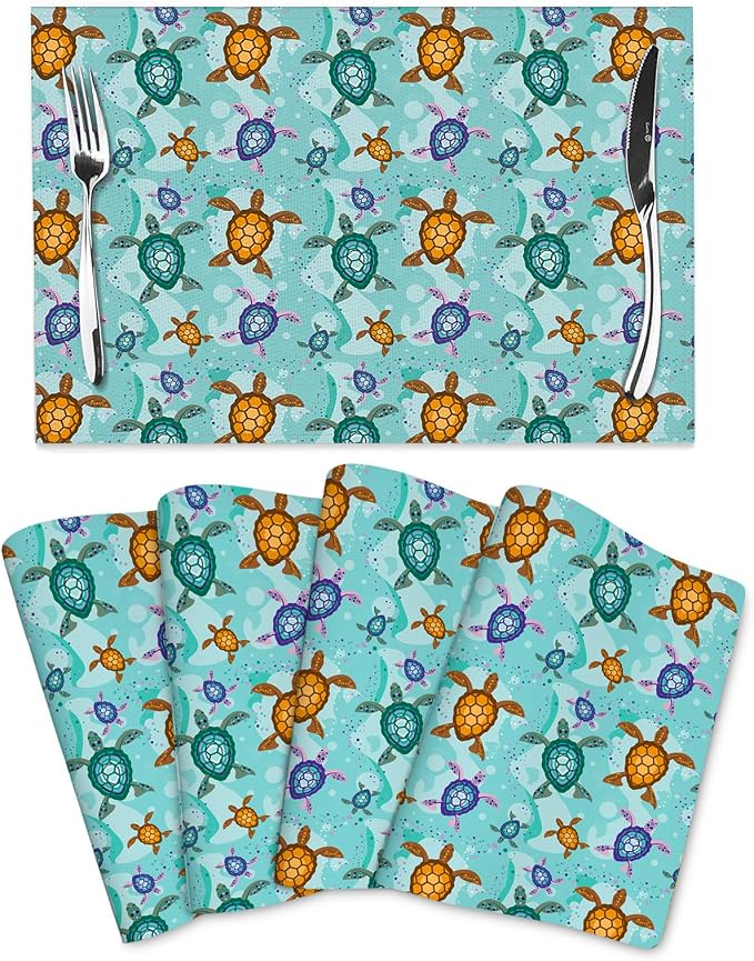 Cute Sea Turtle Placemats Set of 4 Ocean Themed Decorative Table Mat | Washable Non-Slip Heat-Resistant Teal Nautical Linen Place Mats for Kitchen Dining Outdoor Party Home Decor 12"x18"